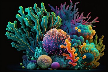 Colorful Coral Reef Isolated on a black Background, Generative Ai