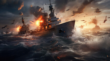 Fototapeta premium A military photorealistic image of a naval battle, two warships exchanging fire in the open sea, waves crashing against the hulls, dark clouds on the horizon, highlighting the chaos and destruction of