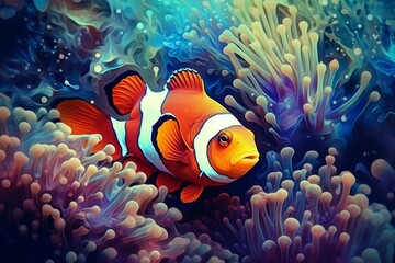 Naklejka na ściany i meble Clownfish underwater nature. Generate Ai