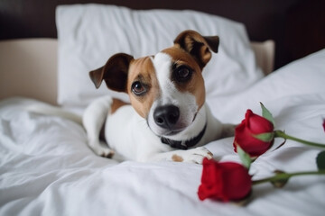 jack russell dog looking and staring at you ,while lying on bed with valentines rose in mouth, taking a selfie  Generative AI