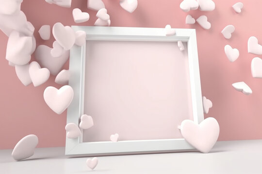 Horizontal white photo frame mockup floating with paper hearts and copyspace for Valentine's day in 3D rendering Generative AI