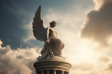 Culture and religion concept. Angel ancient statue in cloudy sky background. Dramatic sky with sunlight illuminating statue. Generative AI