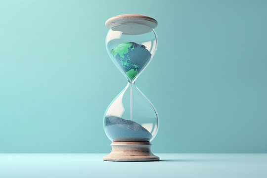 Planet earth in hourglass. Climate change concept. Generative AI illustration