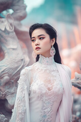 Naklejka premium Gorgeous asian woman with perfect skin creative art make-up wearing trendy white japanese kimono standing against dreamy background. Generative AI