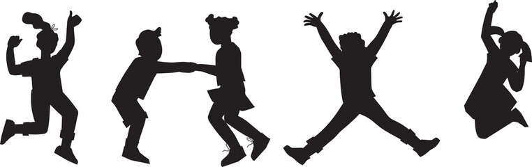 Black silhouettes set of jumping up children boys and girls. Happy cheerful kids jumping for joy. Black outline shapes bundle for design.