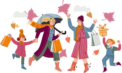 Women and children at the autumn sale of goods. A group of happy shoppers taking part in the autumn or fall seasonal sale.