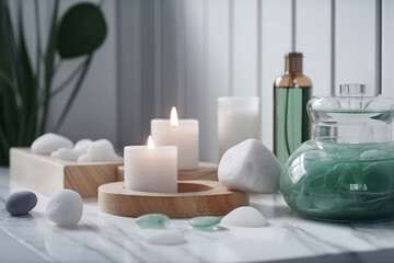 Fototapeta na wymiar Beauty treatment items for spa procedures on a white wooden table. massage stones, essential oils, and sea salt. generative ai