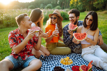 Happy groop of friend resting in nature in the picnic drinking beer, cheers. People, lifestyle, relaxation and vacations concept.