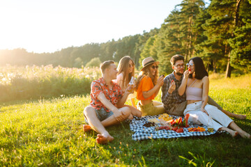 Happy groop of friend resting in nature in the picnic drinking beer, cheers. People, lifestyle, relaxation and vacations concept.