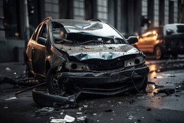 a broken car. Concept for an insurance company. Generative AI