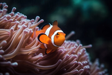 Naklejka na ściany i meble Tropical sea corals and clown fish (Amphiprion percula). Generative AI
