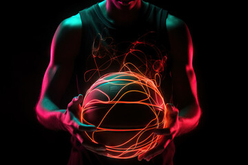 Fototapeta na wymiar Image of african american basketball player with basketball in neon future style. Generative ai