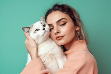young attractive woman hugging cat in hands, color trendy background. Generative AI
