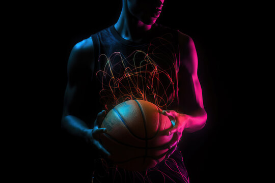Image of african american basketball player with basketball in neon future style. Generative ai