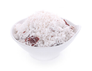 Grated Coconut in bowl isolated on white background.