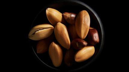 Obraz premium Many delicious Brazil nuts in a bowl on dark background, top view. Generative AI