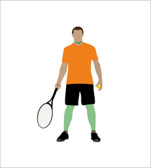 Male tennis player in action. Solid background, tennis, sport, player, silhouette, racket, ball, game, athlete, play, vector, badminton, man, illustration, competition, people, sports, playing. 