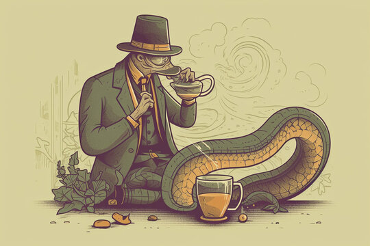 a snake being a detective and drinking coffee | Generative Ai