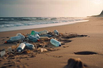Fototapeta na wymiar Generative AI - Old plastic rubbish thrown to the beach by the sea close view
