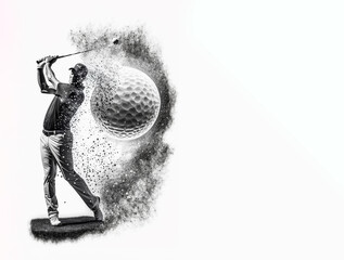 Golf sport player swing action and ball, monochrome drawing horizontal banner for tournament  with copy space on white. Generative AI illustration - obrazy, fototapety, plakaty