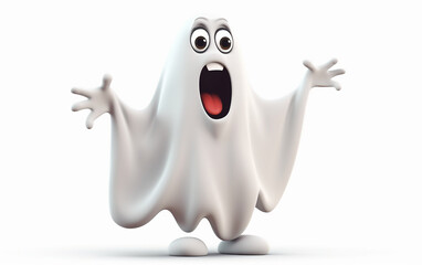 3D illustration of a startled ghost character with big eyes, open mouth, and waving hands, perfect for Halloween and spooky themes.