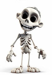 Obraz na płótnie Canvas 3D illustration of a playful skeleton with a wide grin, big eyes, and casual stance, suitable for Halloween and quirky designs.