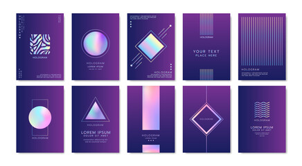 Foil texture poster designs, gradient patterns. Futuristic graphic trend, brochure cover with metal spectrum, neon chrome figures, abstract hologram backdrop, modern background