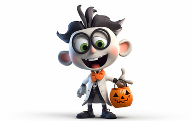 Naklejka premium Animated quirky character with wild hair, wearing a lab coat, showcasing a joyful expression and carrying a Halloween pumpkin bucket, ready for festive fun.