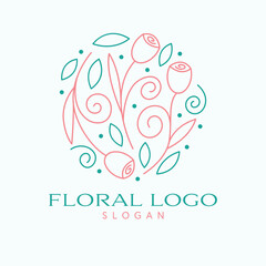 Floral vector logo design. Tulip flowers and leaves emblem. Cosmetics logo template.