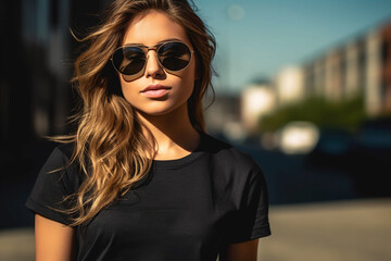 Fashionable brunette in black mockup tshirt and sunglasses, standing on street during daytime against background of light city building ai generated art - obrazy, fototapety, plakaty