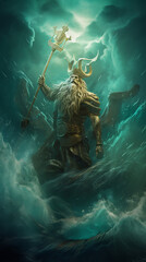 The concept of the symbolism of the planets in Astrology. Old man with a staff in the sea waves as the king of the underwater kingdom, a symbol of the planet Neptune - obrazy, fototapety, plakaty
