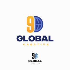 Creative 9 Number Globe Concept Logo Design Template, World Planet Logo designs template