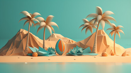 Fototapeta na wymiar Papercut Style Beach Scene with Palm Trees, Surfboard, and Hot Air Balloon With Generative AI