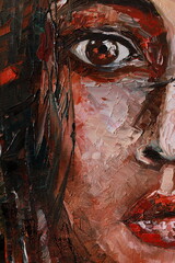 Portrait of a girl - oil painting. Abstract portrait of a beautiful emotional girl. Conceptual abstract multicolor close up handmade oil drawing