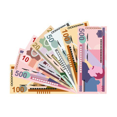 Honduran Lempira Vector Illustration. Honduras money set bundle banknotes. Paper money 10, 20, 50, 100, 500 HNL. Flat style. Isolated on white background. Simple minimal design.