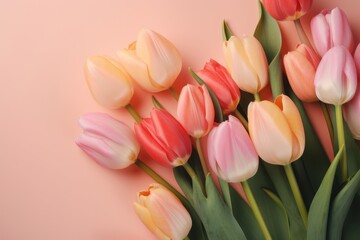 Tulips on a pink background with the text spring on the bottom
