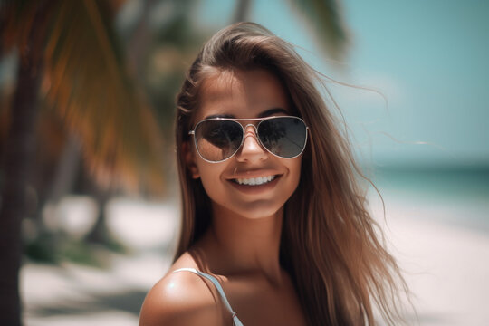 Portrait Of A Smiling Young Beautiful Woman With Bikini Wearing Sunglasses On Beach With Blue Background, Fun Activities, Enjoy Summer Vacation Holiday Travel Kid Family Vibe Concept, Generative AI