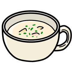 Isolated creamy potato soup with pieces of chopped potatoes and parsleys on top in cream ceramic mug, vegetarian soup, vegan dish, single dish, flat, outline color vector, cartoon