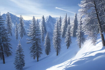 冬の雪山と飛行機雲のある冬の風景