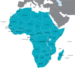 アフリカ大陸の地図、日本語の国名入り