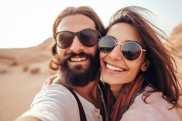 Happy couple of travelers taking selfie photo. Young man and woman having fun in summer vacation. Generative AI