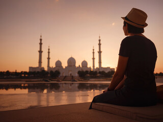 travel to the United Arab Emirates, Happy young asian female traveler with backpack and hat in Wahat Al Karama or Oasis of Dignity, permanent memorial for its martyrs, and Shaikh Zayed Grand Mosque.