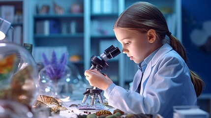 A curious School Pupil Kid Girl in school uniform looking through a microscope, biology concept. Generative Ai.