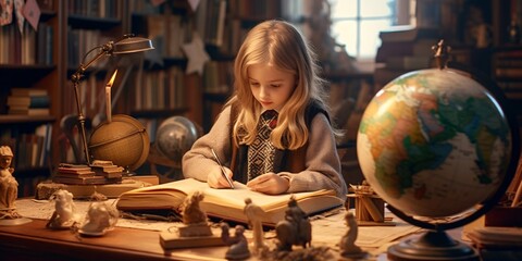 A little school girl pupil on a vintage wooden desk, surrounded by old books, with a glowing globe, dreaming of adventure and exploration. Generative Ai.