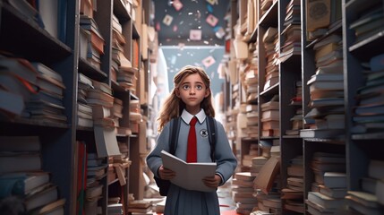 Obraz na płótnie Canvas A schoolgirl in a gray uniform with a red tie standing in the library hallway, carrying a books and looking surrounded by rack of books. Generative Ai