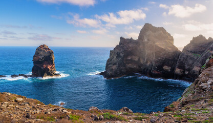 View of the rocks in Ponta de Sao Lourenco, Madeira islands, Portugal. Beautiful scenic mountain view of green landscape,cliffs and Atlantic Ocean.