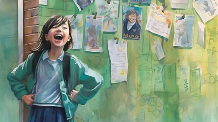A young girl laughing in a bright green school uniform stands on a pastel background, leaning against a wall. Watercolor painting. Generative Ai.