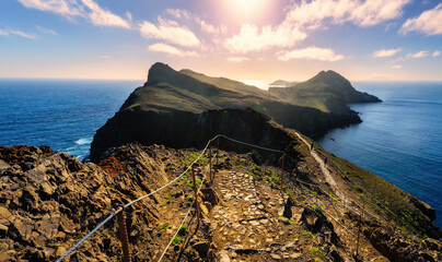 Scenic view of the green landscapes of Ponta de Sao Lourenco in the morning, Madeira Islands,...