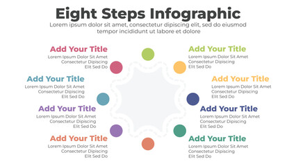 Circle flowchart infographic with eight steps or options business template for presentation
