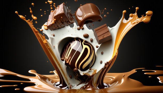 Dark chocolate candys splash, tasty candy background, Generative AI image	